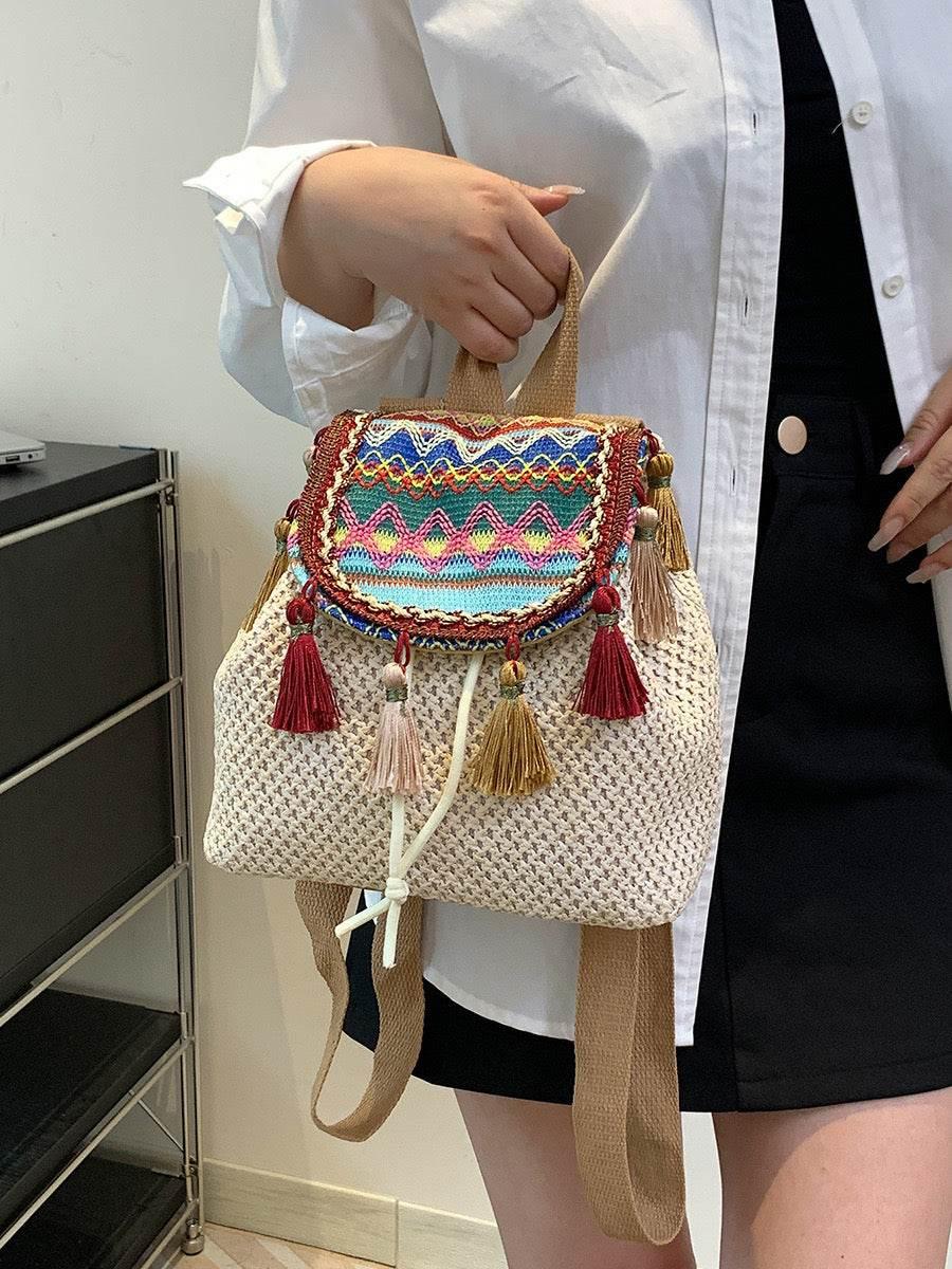 Unique Handwoven Crossbody Backpack for Women with Colorful Tassels - Natural Cotton Rope, 33x22cm, Adjustable Strap
