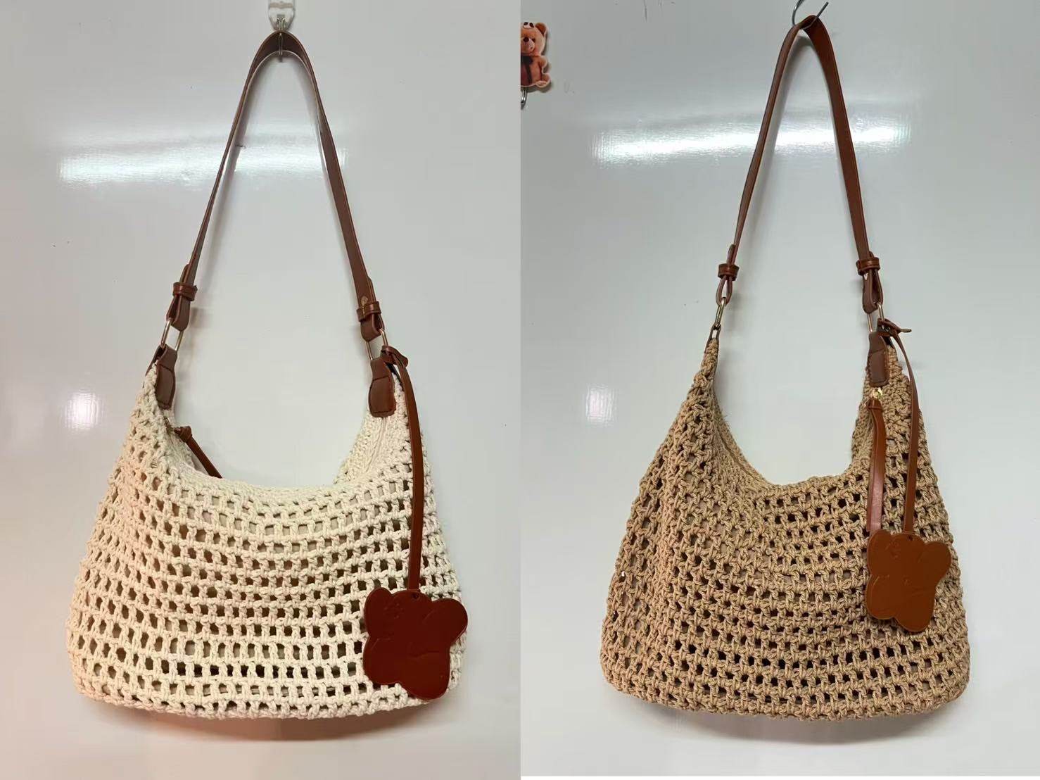 New Korean Crochet Cotton Rope Bag for Women – Handmade with Tassel Charm | Compact Crossbody Bag in 18x26cm Size One-Sake.com white off khaki white off-khaki-