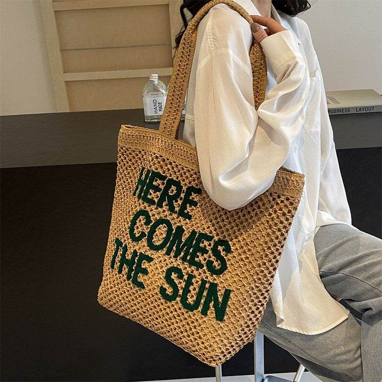 Large Handwoven English Letter Tote Bag for Women – Spacious Cotton Rope &amp; Natural Fiber Shoulder Bag | 39cm x 41cm Travel &amp; Daily Use One-Sake.com green khaki white off khaki-white off-green-