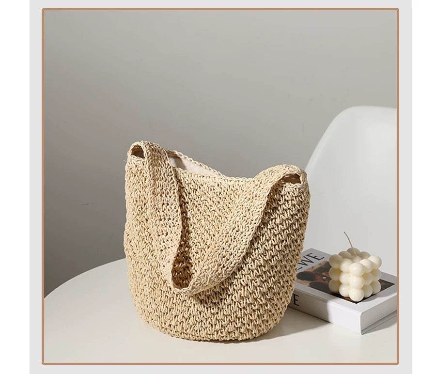 New Korean Style Handwoven Shoulder Bag – Compact Cotton Rope Tote with 35cm Strap | 28cm Width Woven Basket Bag for Daily Wear One-Sake.com สีกากี สีขาวนวล สีกากี-สีขาวนวล-