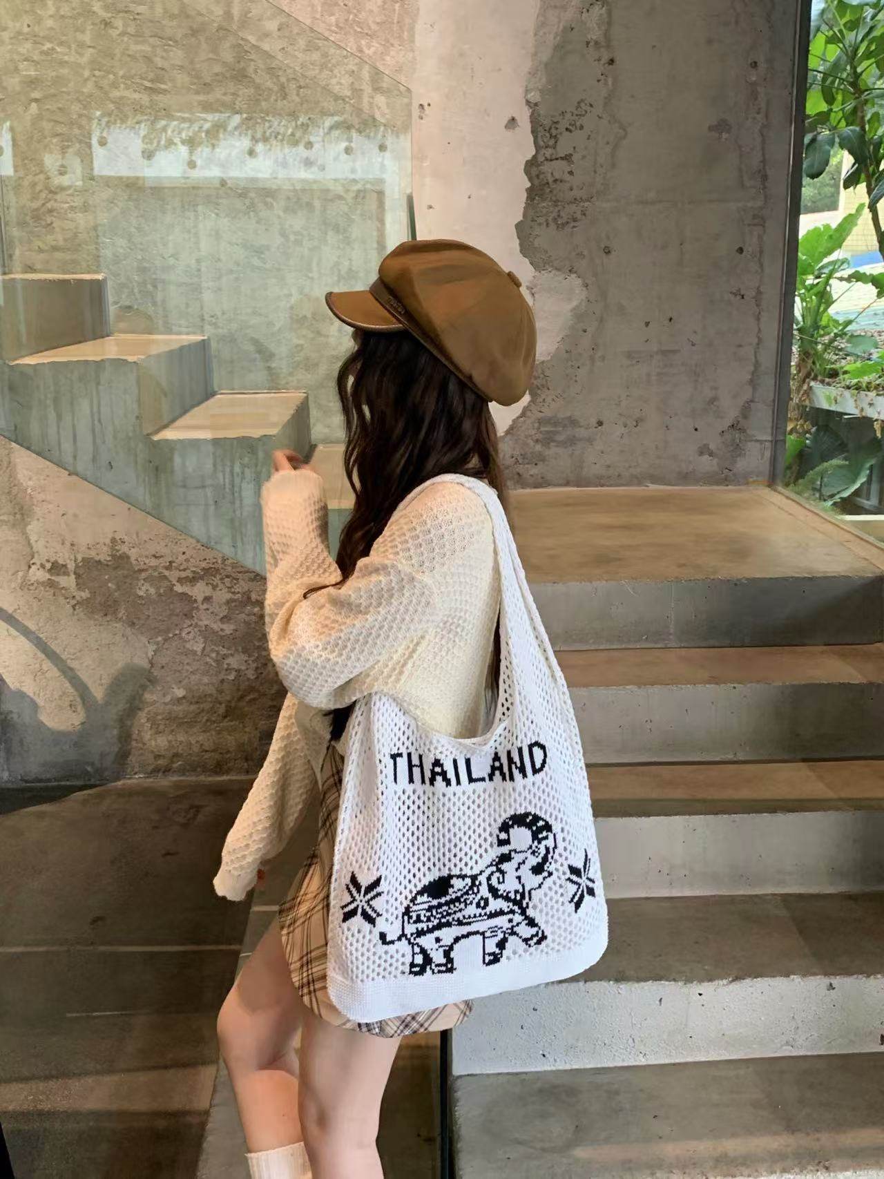 Elephant Pattern Woven Shoulder Bag – Handmade Cotton Rope Tote for Women | 38cm x 40cm with 30cm Strap One-Sake.com khaki white white off white-white off-khaki-