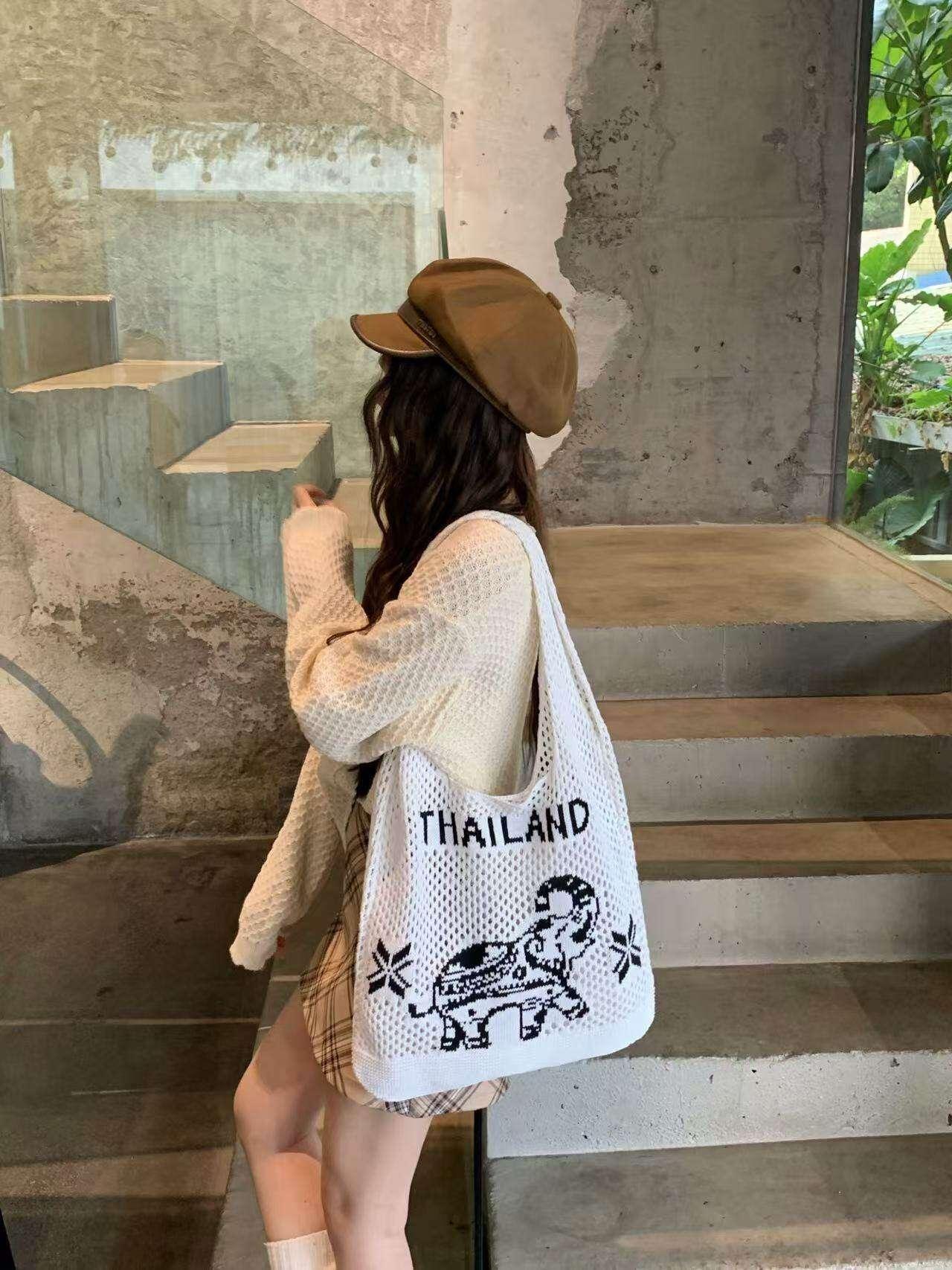 Elephant Pattern Shoulder Bag - Handmade Cotton Rope Tote for Women | 38cm x 40cm with 30cm Strap