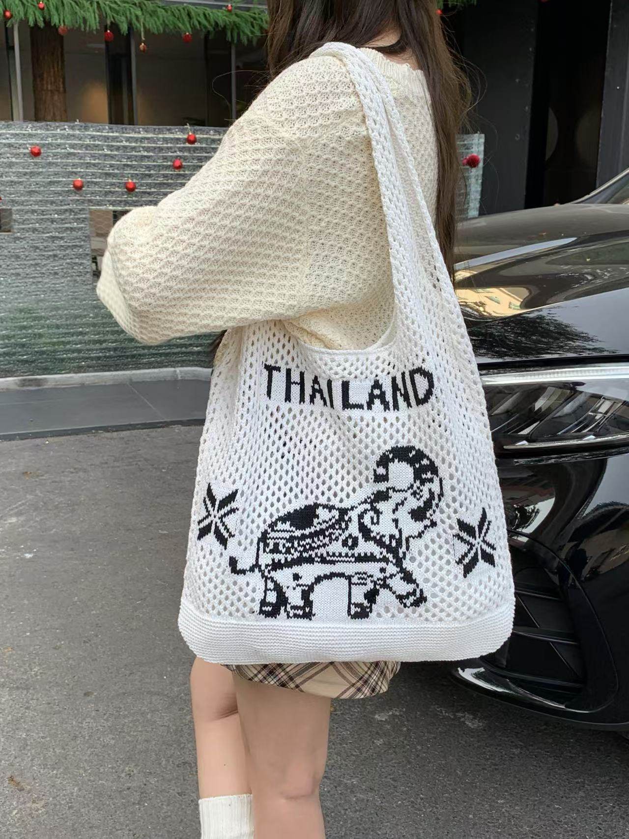 Elephant Pattern Woven Shoulder Bag – Handmade Cotton Rope Tote for Women | 38cm x 40cm with 30cm Strap One-Sake.com khaki white white off white-white off-khaki-