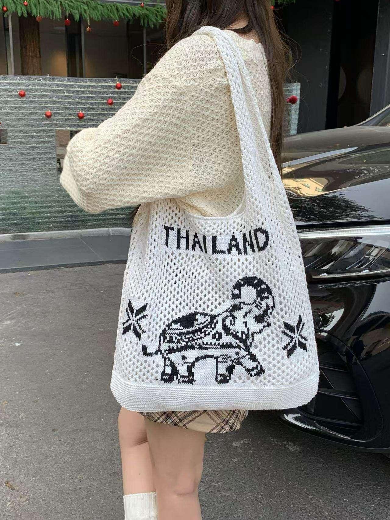 Elephant Pattern Shoulder Bag - Handmade Cotton Rope Tote for Women | 38cm x 40cm with 30cm Strap