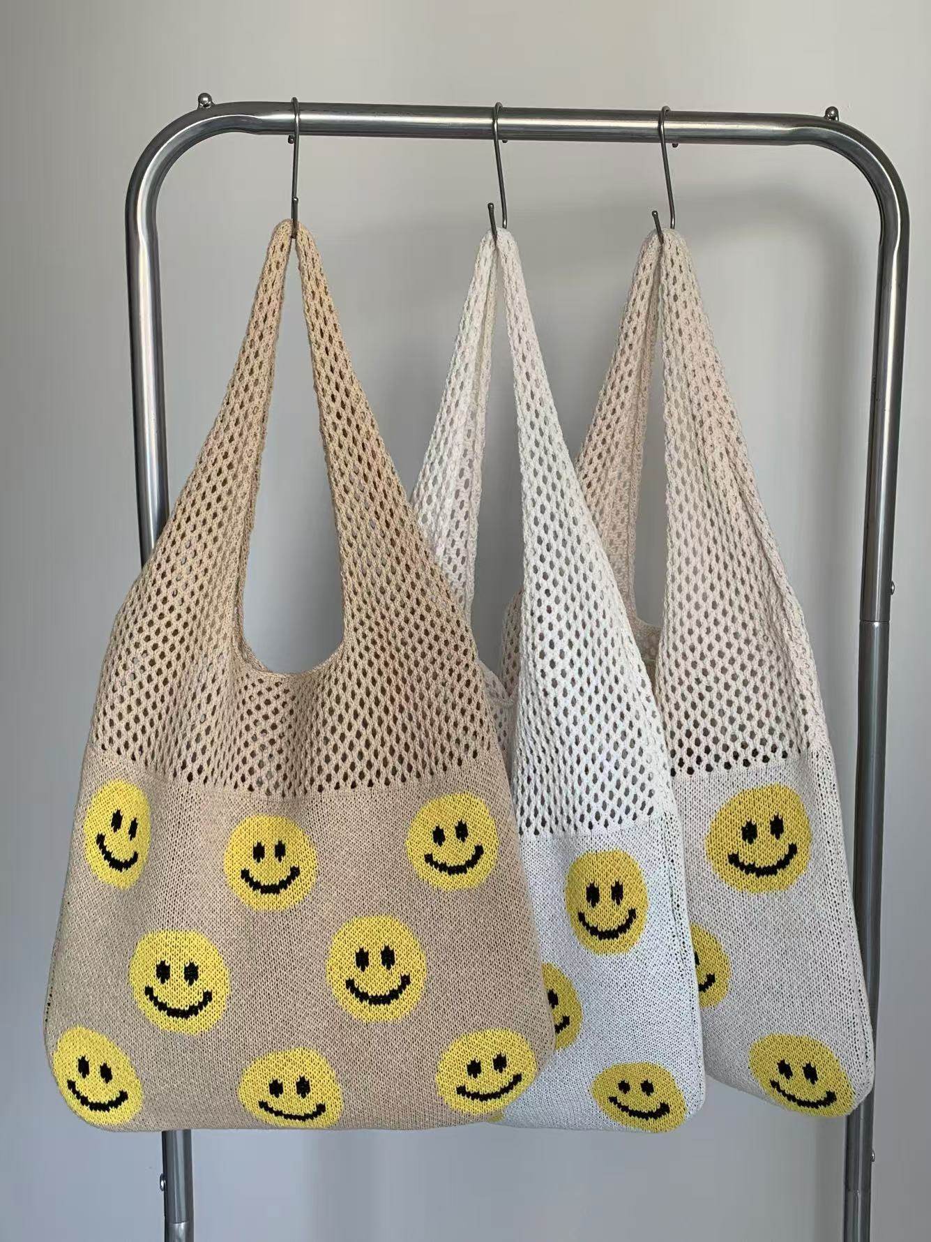 Smiley Face Crochet Bag – Colorful Handmade Shoulder Tote with 30cm Strap | Large Capacity Cotton Rope Bag 40cm Width One-Sake.com white khaki white off khaki-white off-white-