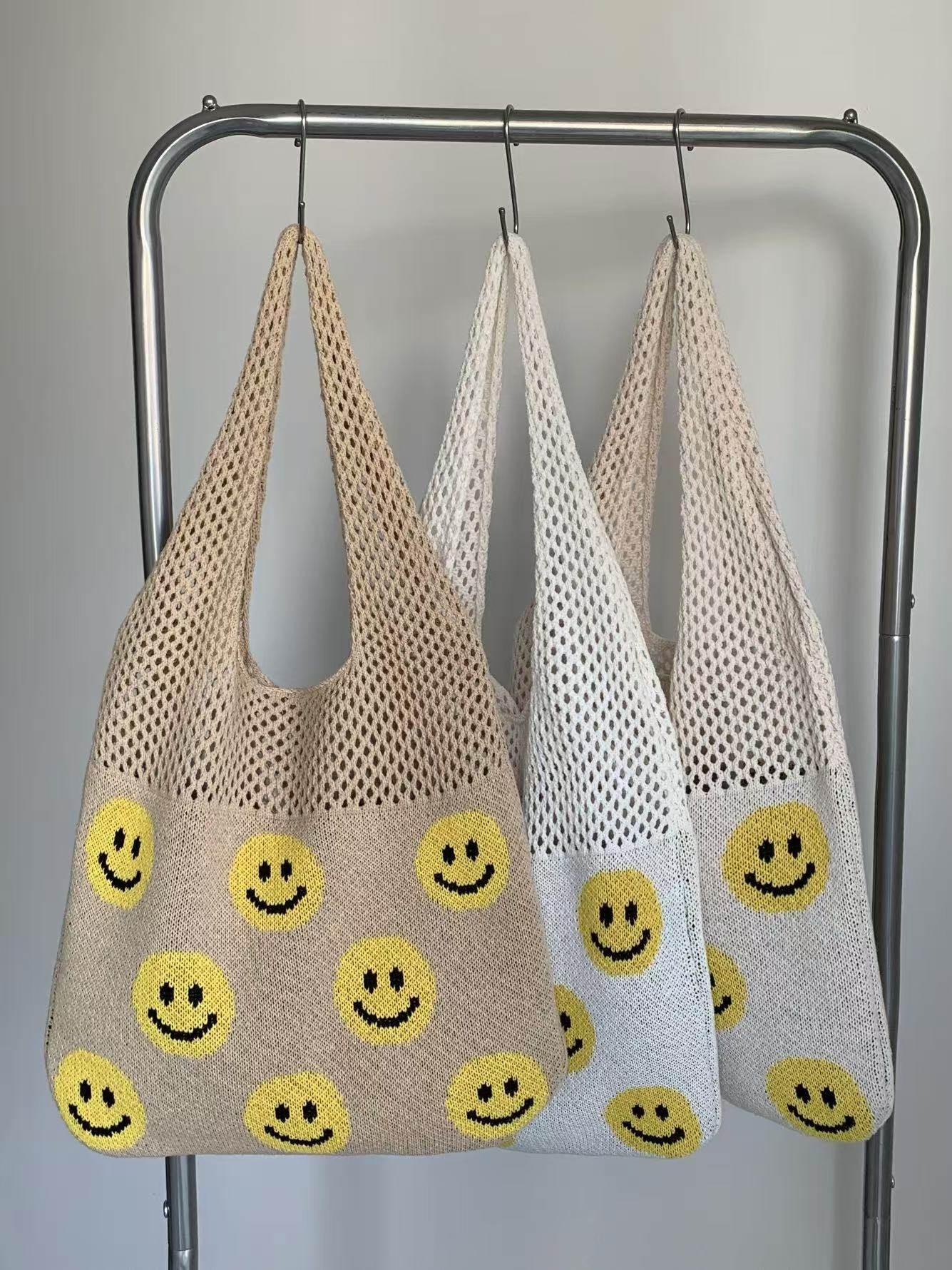 Smiley Face Crochet Bag – Colorful Handmade Cotton Rope Tote with 30cm Strap | Large Capacity 40cm Shoulder Bag