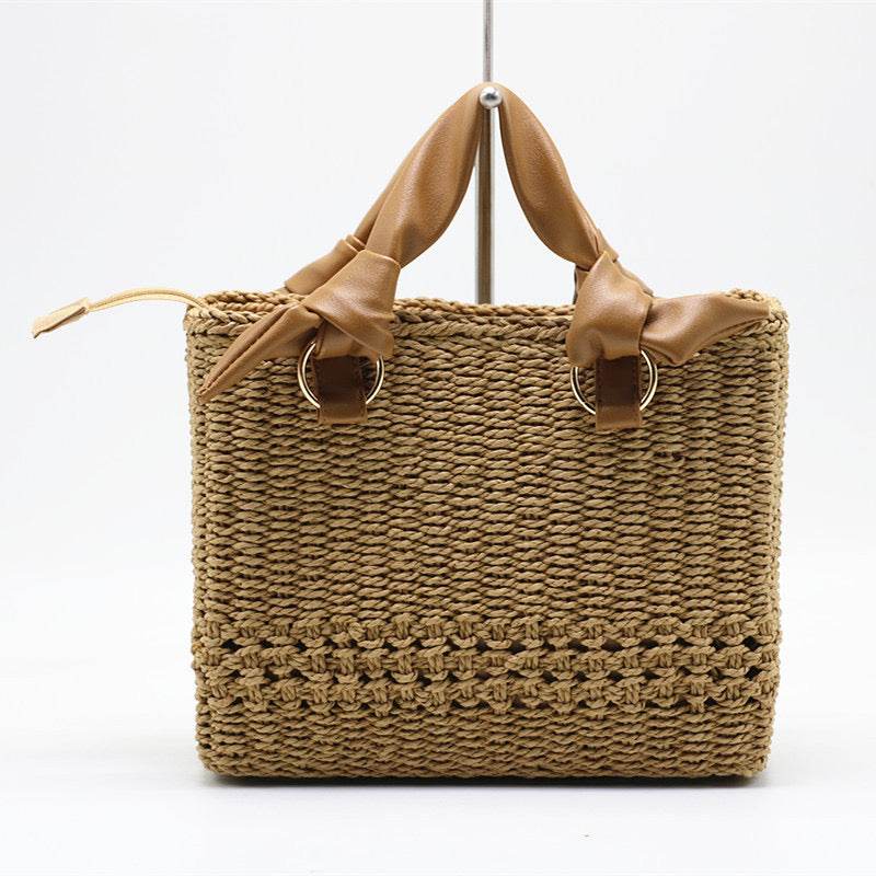 Premium Handwoven Tote Bag for Women – 20x29cm with Genuine Leather Handles | High-End Crafted Design for Styling &amp; Photoshoots One-Sake.com khaki whit off khaki-whit off-