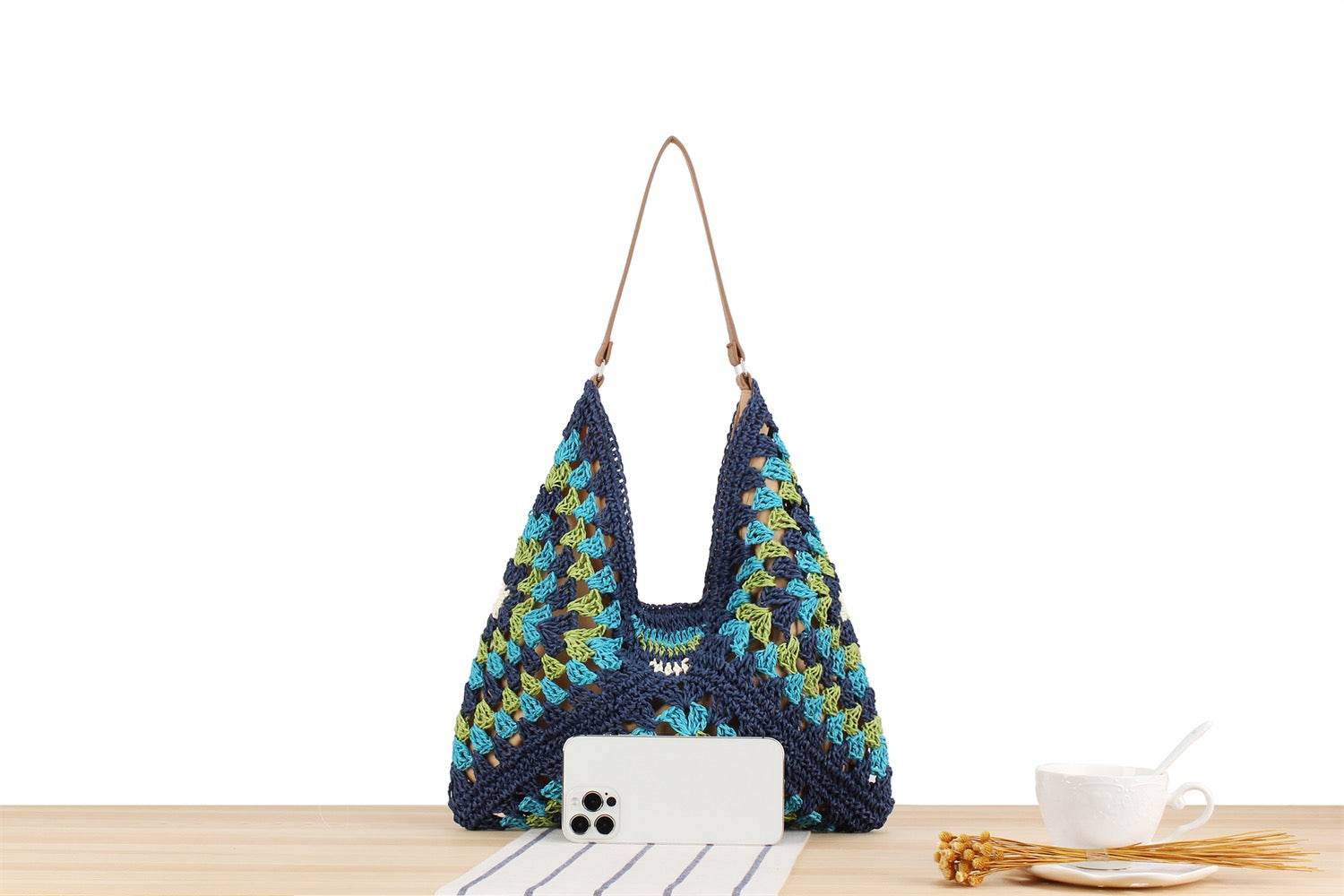 Trapezoid Handwoven Shoulder Bag in Dusty Purple – Leather Strap &amp; Lined Interior | Natural Cotton Rope Bag for Women One-Sake.com 1 2 1-2-