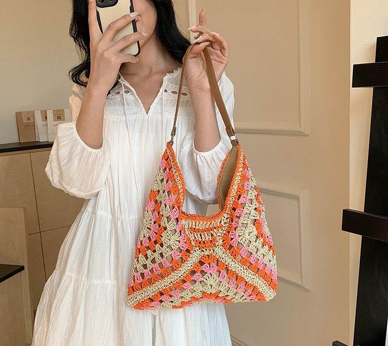 Trapezoid Handwoven Shoulder Bag in Dusty Purple – Leather Strap &amp; Lined Interior | Natural Cotton Rope Bag for Women One-Sake.com 1 2 1-2-