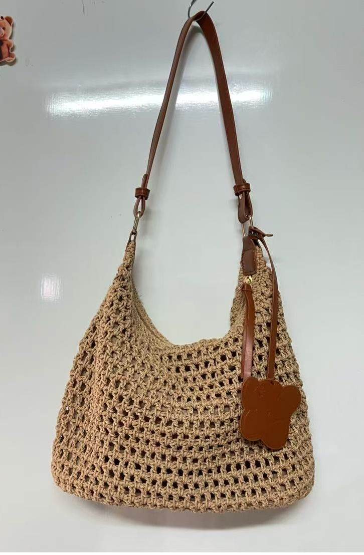 New Korean Crochet Cotton Rope Bag for Women – Handmade with Tassel Charm | Compact Crossbody Bag in 18x26cm Size One-Sake.com white off khaki white off-khaki-