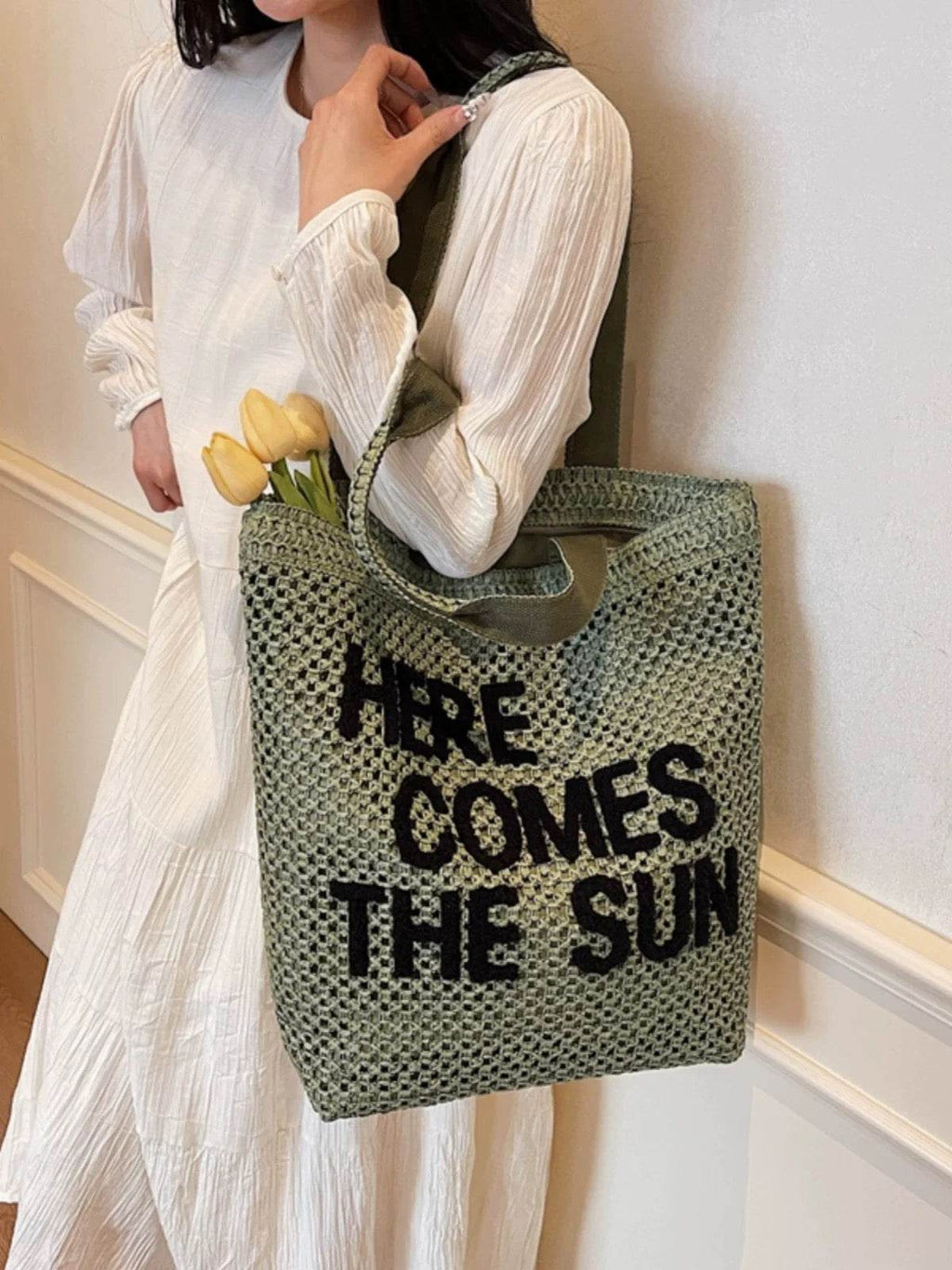 Large Handwoven English Letter Tote Bag for Women – Spacious Cotton Rope &amp; Natural Fiber Shoulder Bag | 39cm x 41cm Travel &amp; Daily Use One-Sake.com green khaki white off khaki-white off-green-