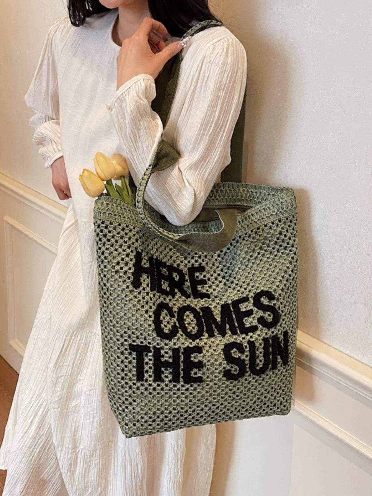Large Handwoven English Letter Tote Bag for Women – Spacious Cotton Rope &amp; Natural Fiber Shoulder Bag | 39cm x 41cm Travel &amp; Daily Use One-Sake.com green khaki white off khaki-white off-green-