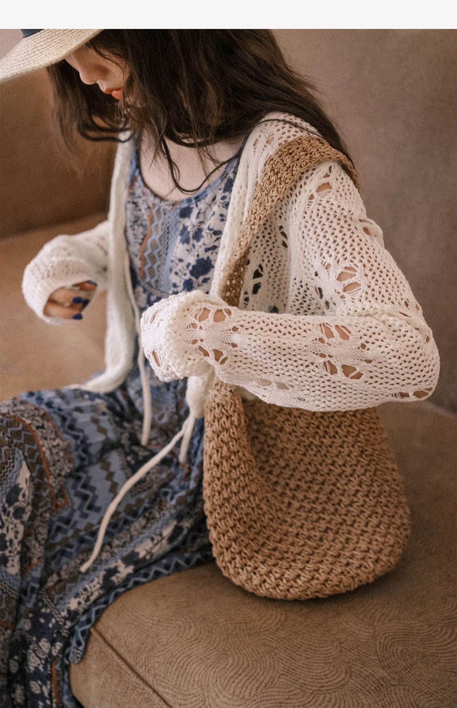 New Korean Style Handwoven Shoulder Bag – Compact Cotton Rope Tote with 35cm Strap | 28cm Width Woven Basket Bag for Daily Wear One-Sake.com สีกากี สีขาวนวล สีกากี-สีขาวนวล-