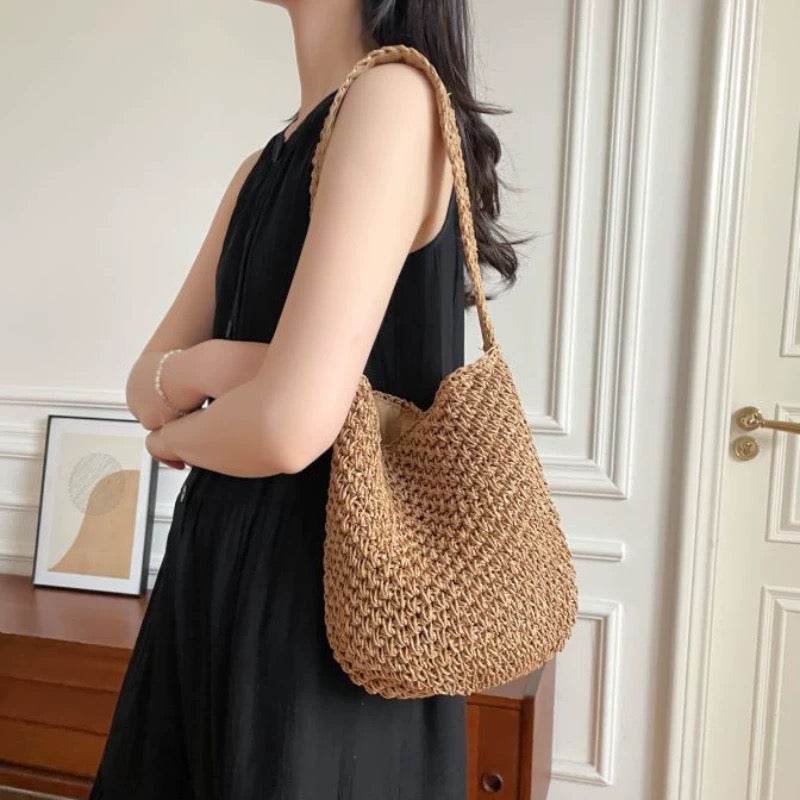 New Korean Style Handwoven Shoulder Bag – Compact Cotton Rope Tote with 35cm Strap | 28cm Width Woven Basket Bag for Daily Wear One-Sake.com สีกากี สีขาวนวล สีกากี-สีขาวนวล-