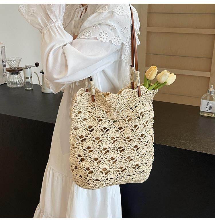 New Handwoven Women’s Shoulder Bag with Leather Strap &amp; Zip Closure – Approx. 33cm Width | Cotton Rope Woven Tote for Daily &amp; Casual Wear One-Sake.com khaki white off khaki-white off-