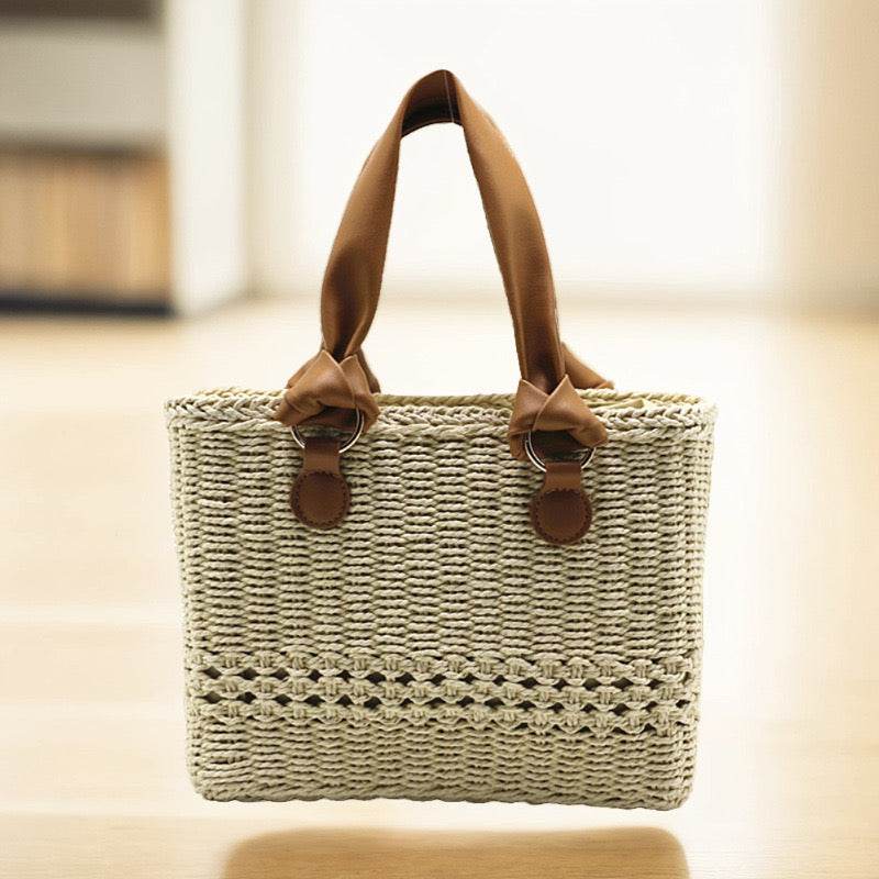 Premium Handwoven Tote Bag for Women – 20x29cm with Genuine Leather Handles | High-End Crafted Design for Styling &amp; Photoshoots One-Sake.com khaki whit off khaki-whit off-