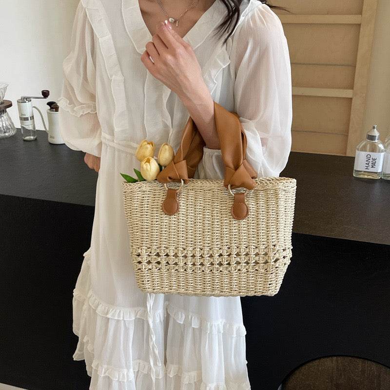 Premium Handwoven Tote Bag for Women – 20x29cm with Genuine Leather Handles | High-End Crafted Design for Styling &amp; Photoshoots One-Sake.com khaki whit off khaki-whit off-