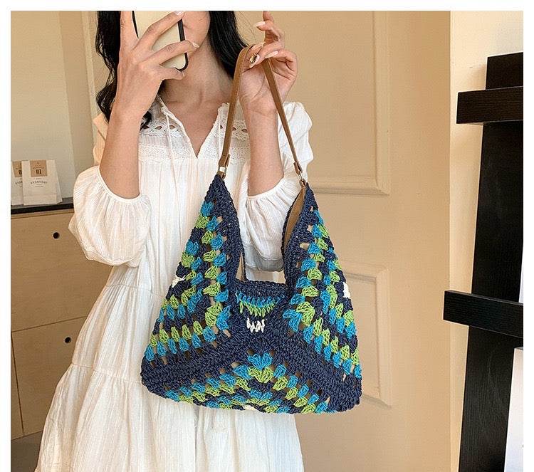 Trapezoid Handwoven Shoulder Bag in Dusty Purple – Leather Strap &amp; Lined Interior | Natural Cotton Rope Bag for Women One-Sake.com 1 2 1-2-