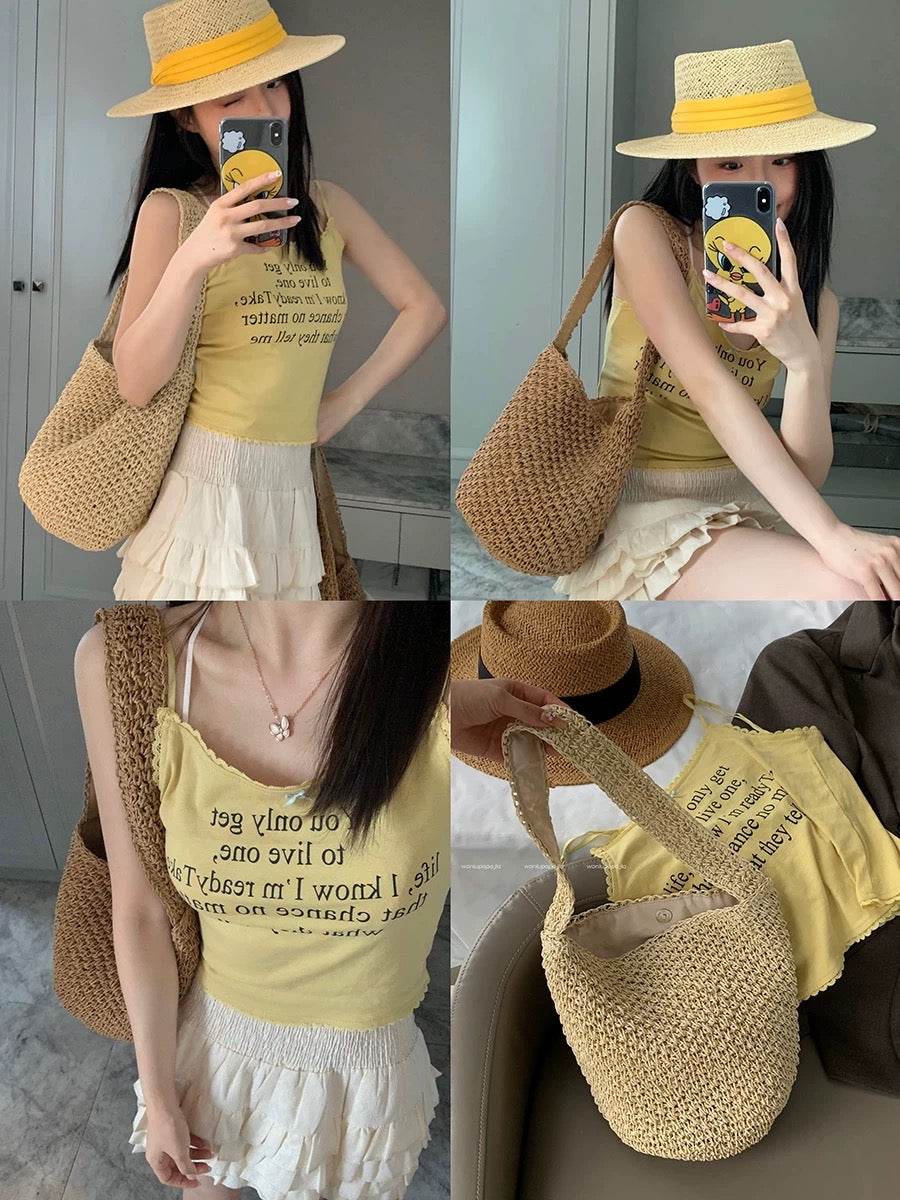 New Korean Style Handwoven Shoulder Bag – Compact Cotton Rope Tote with 35cm Strap | 28cm Width Woven Basket Bag for Daily Wear One-Sake.com สีกากี สีขาวนวล สีกากี-สีขาวนวล-