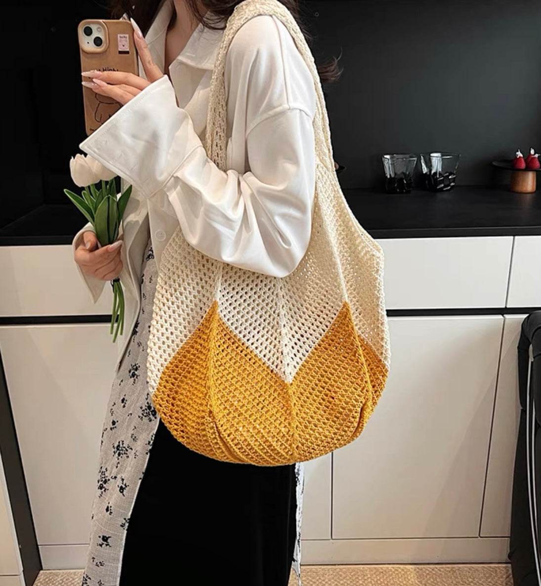 New Korean Style Handwoven Tote Bag – Large Cotton Shoulder Bag with 25cm Strap | Handmade Crafted Design for Women One-Sake.com yellow white off khaki white off-khaki-yellow-
