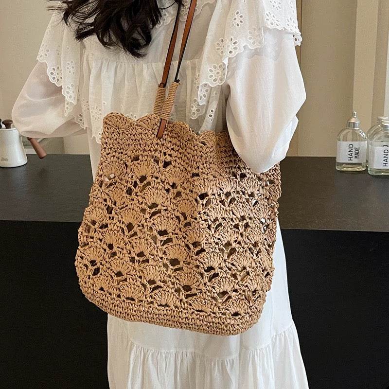 New Handwoven Women’s Shoulder Bag with Leather Strap &amp; Zip Closure – Approx. 33cm Width | Cotton Rope Woven Tote for Daily &amp; Casual Wear One-Sake.com khaki white off khaki-white off-