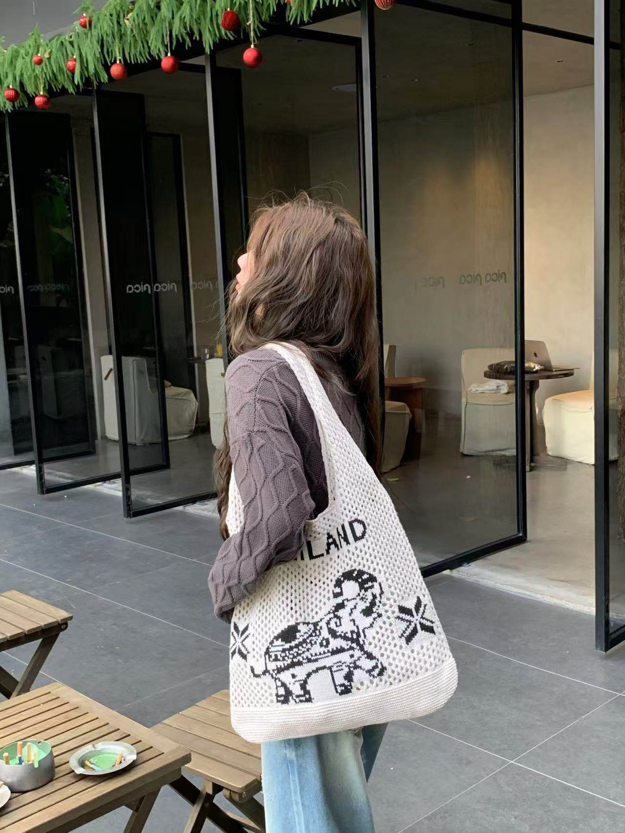 Elephant Pattern Woven Shoulder Bag – Handmade Cotton Rope Tote for Women | 38cm x 40cm with 30cm Strap One-Sake.com khaki white white off white-white off-khaki-