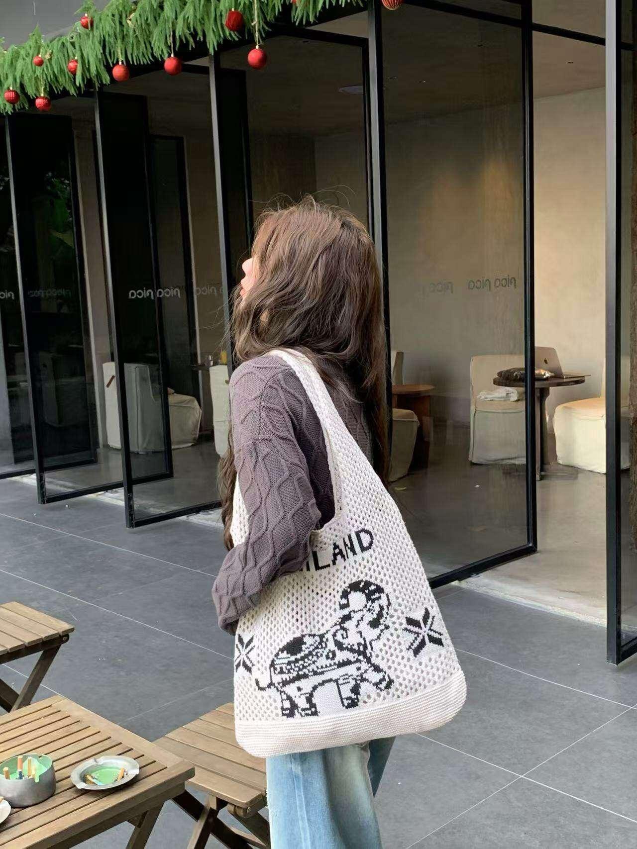 Elephant Pattern Shoulder Bag - Handmade Cotton Rope Tote for Women | 38cm x 40cm with 30cm Strap