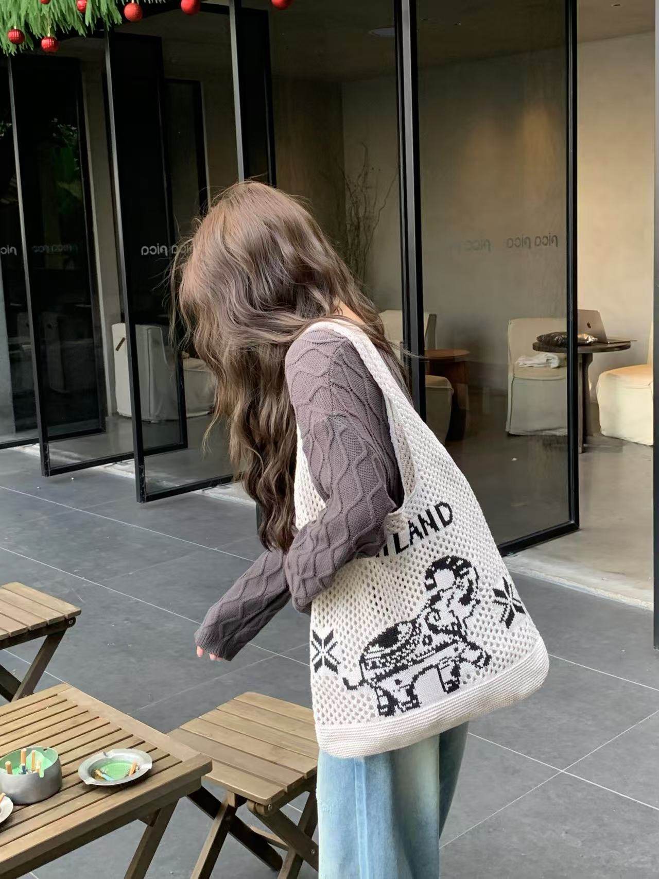 Elephant Pattern Woven Shoulder Bag – Handmade Cotton Rope Tote for Women | 38cm x 40cm with 30cm Strap One-Sake.com khaki white white off white-white off-khaki-