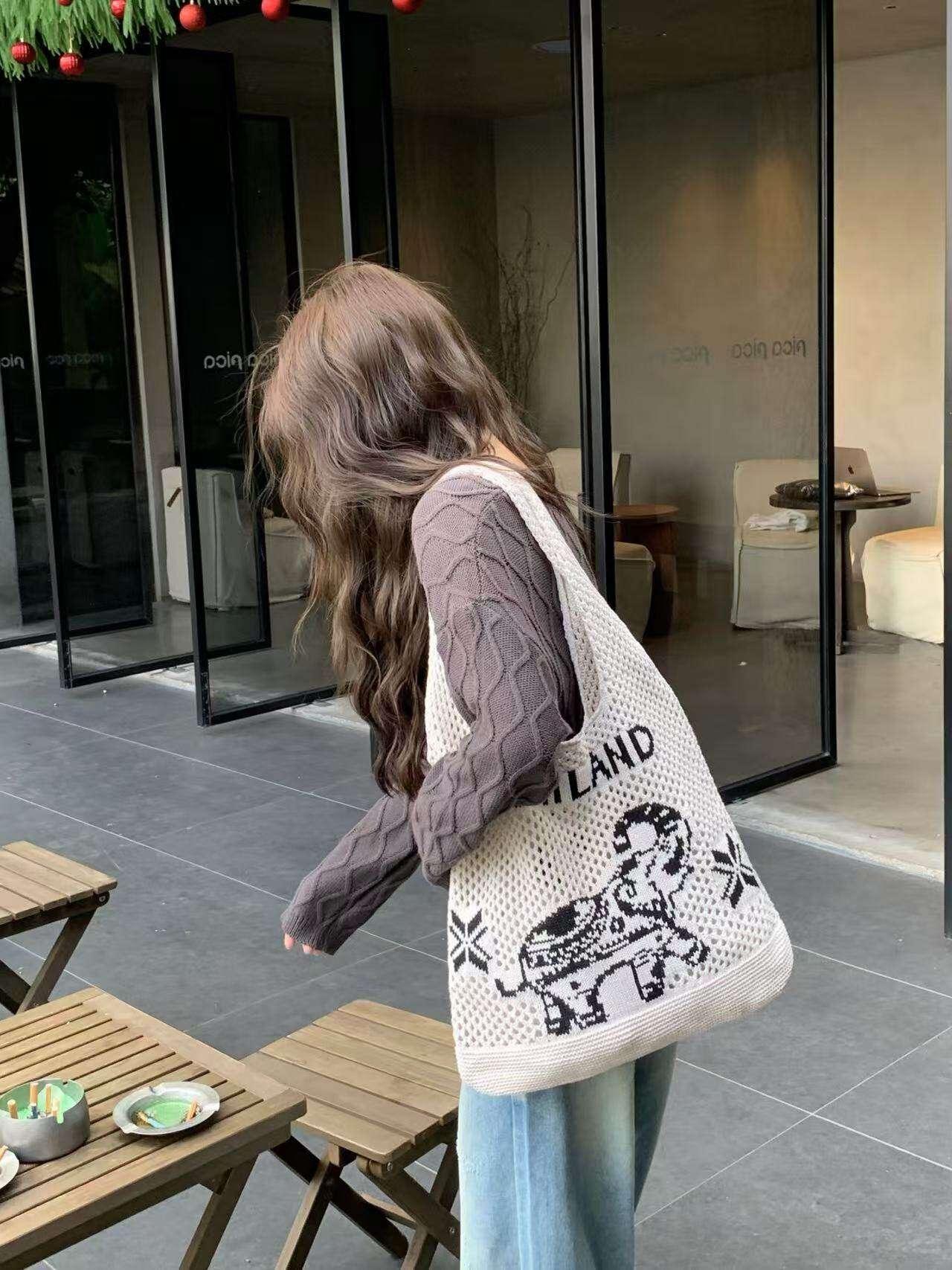 Elephant Pattern Shoulder Bag - Handmade Cotton Rope Tote for Women | 38cm x 40cm with 30cm Strap
