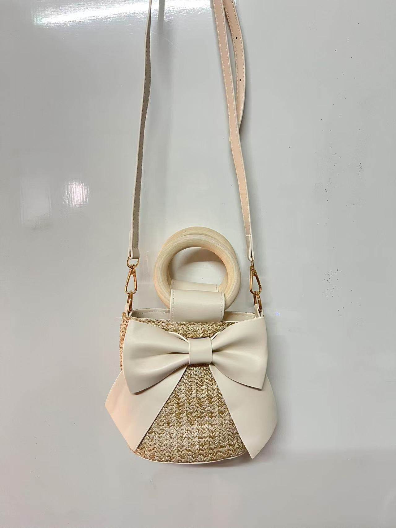 Wooden Handle Bow Shape Handwoven Bag – Perfect for Check-Ins &amp; Photos | Cotton Rope Crossbody Bag with Adjustable Strap One-Sake.com green khaki white khaki-white-green-pink-
