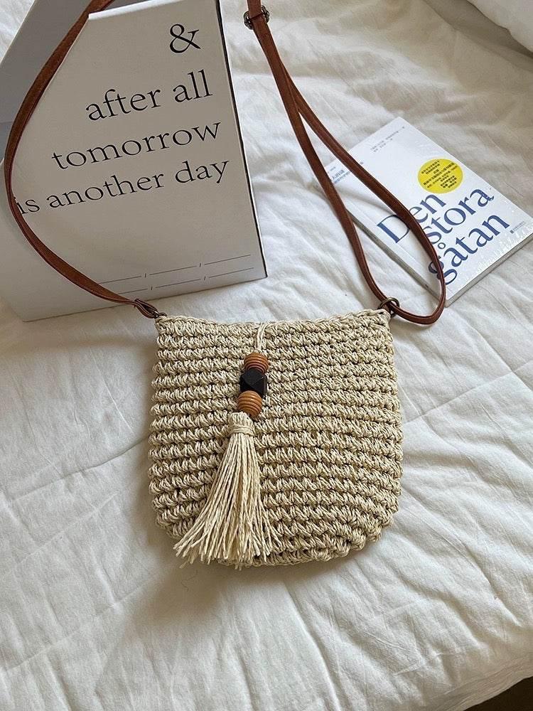 New Retro Tassel Woven Crossbody Bag for Women - Vintage Cotton Rope Shoulder Bag with Leather Strap & Zip Closure, 25cm Width