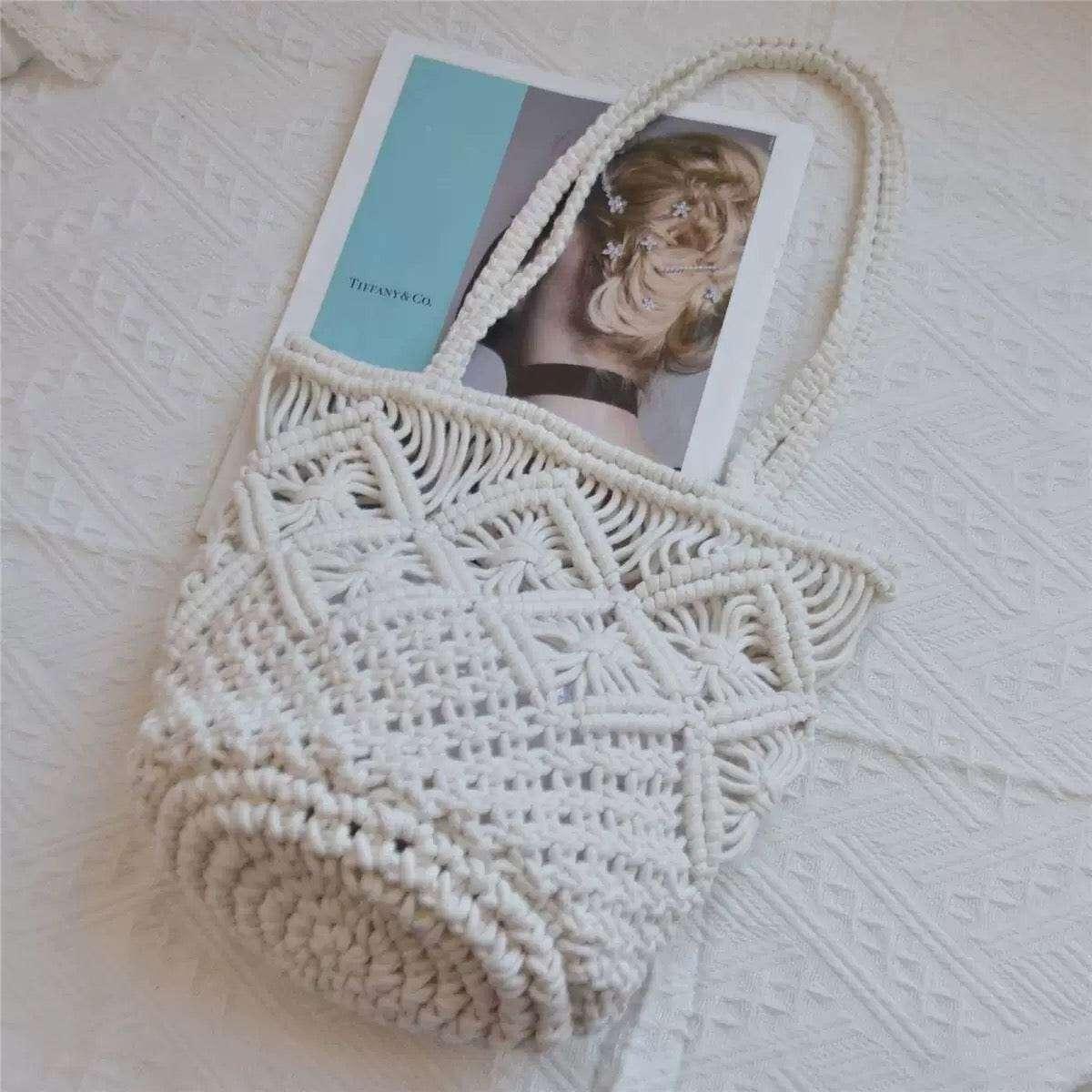 New Korean Handwoven Tote Bag – Cotton Wicker Ladies Shoulder Bag with Inner Pocket | 28cm Wicker Bag for Women