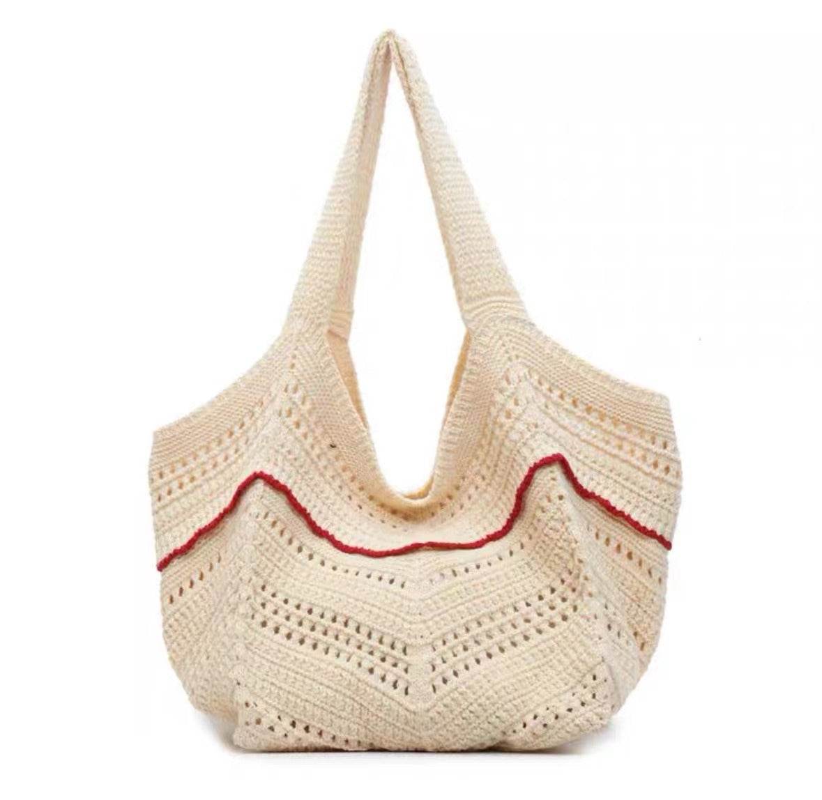 New Korean Style Crochet Shoulder Bag – Large Handmade Cotton Rope Tote | 33cm x 28cm with 58cm Strap One-Sake.com black green red green-red-black-