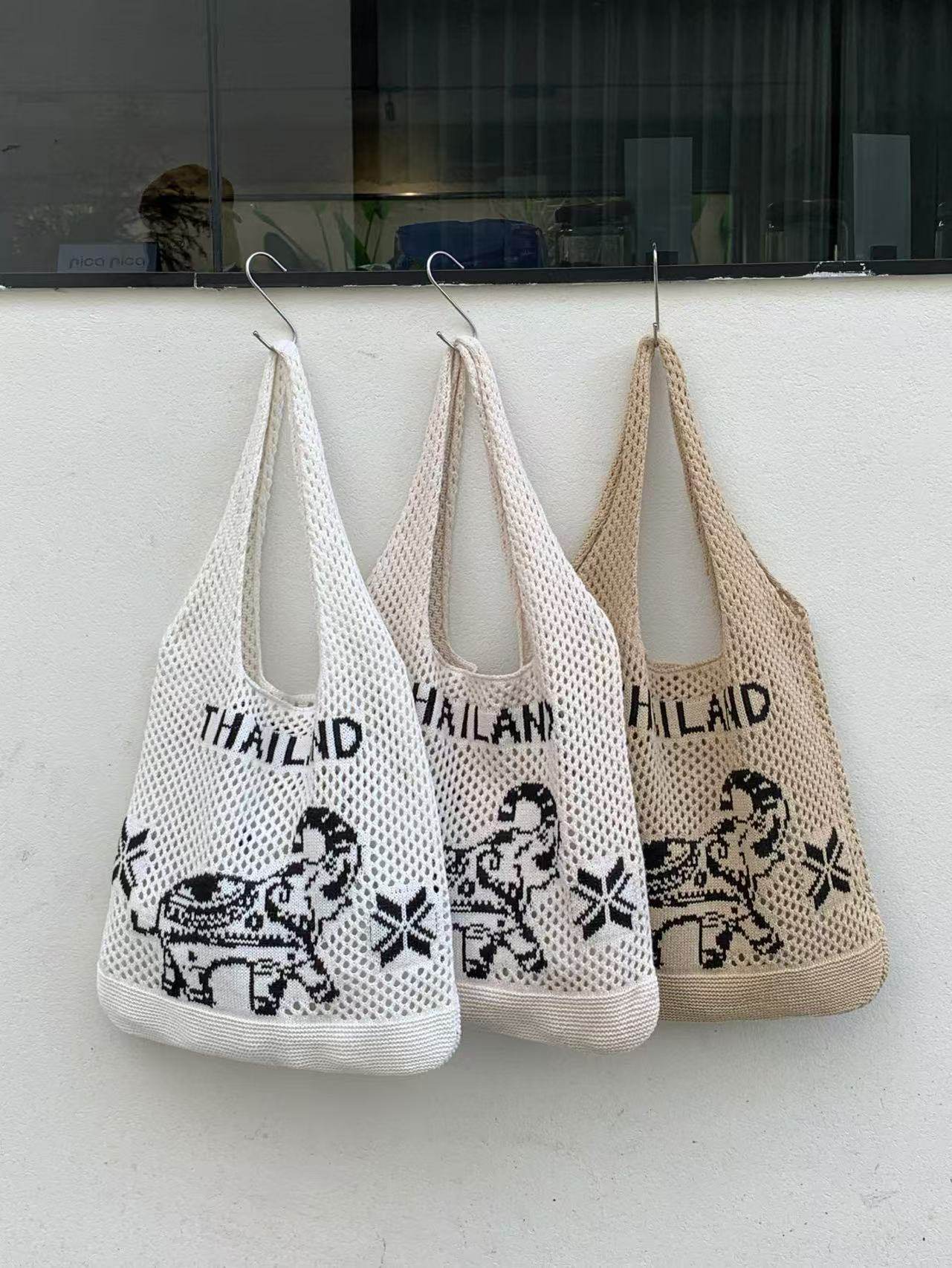 Elephant Pattern Woven Shoulder Bag – Handmade Cotton Rope Tote for Women | 38cm x 40cm with 30cm Strap One-Sake.com khaki white white off white-white off-khaki-