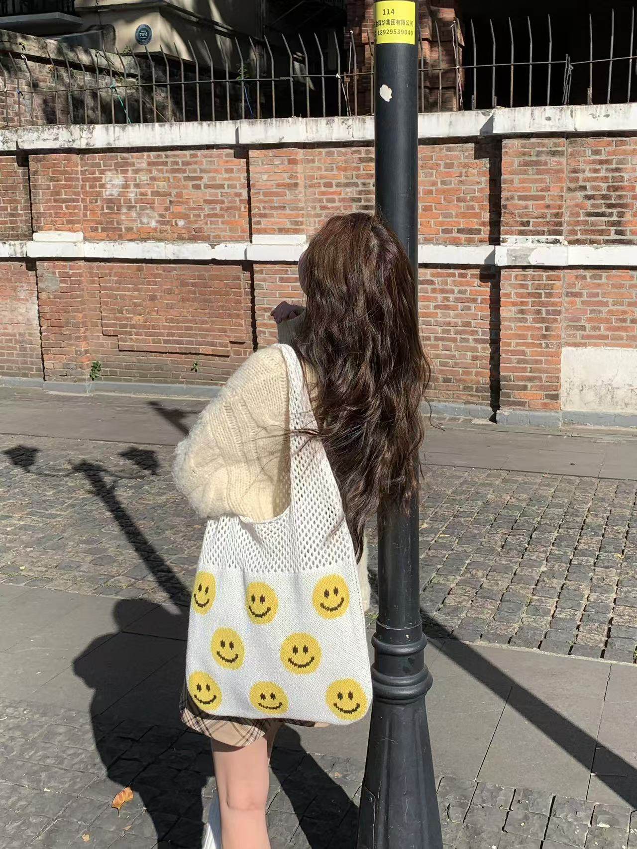 Smiley Face Crochet Bag – Colorful Handmade Shoulder Tote with 30cm Strap | Large Capacity Cotton Rope Bag 40cm Width One-Sake.com white khaki white off khaki-white off-white-