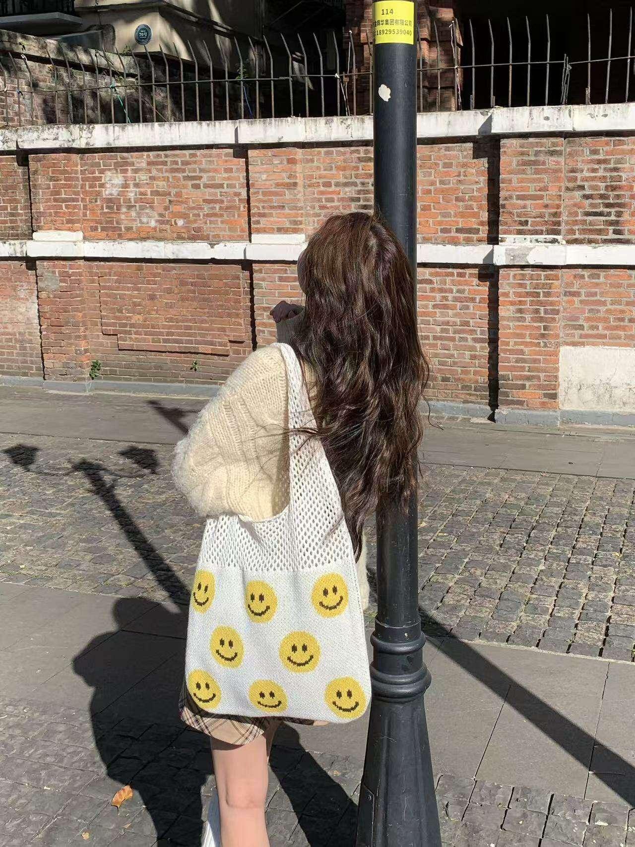 Smiley Face Crochet Bag – Colorful Handmade Cotton Rope Tote with 30cm Strap | Large Capacity 40cm Shoulder Bag