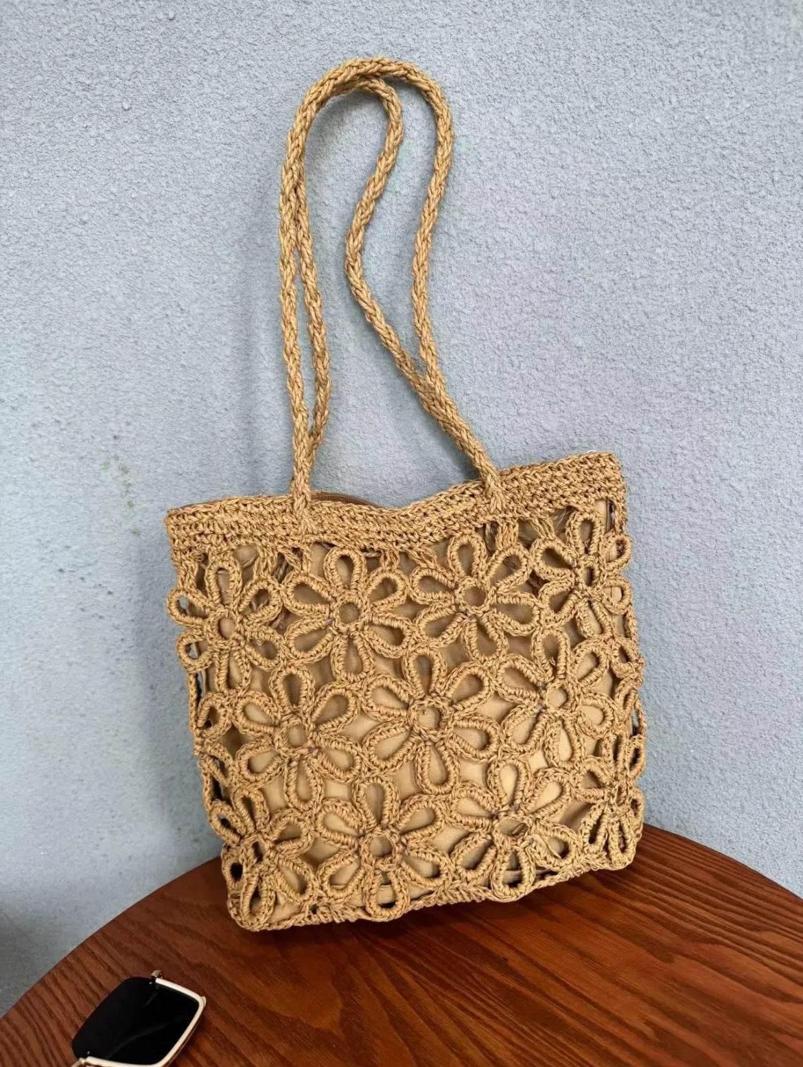 Handwoven Floral Mini Tote Bag for Women - Stylish Cotton Rope Shoulder Bag with Natural Materials | 30cm Craftsmanship Design