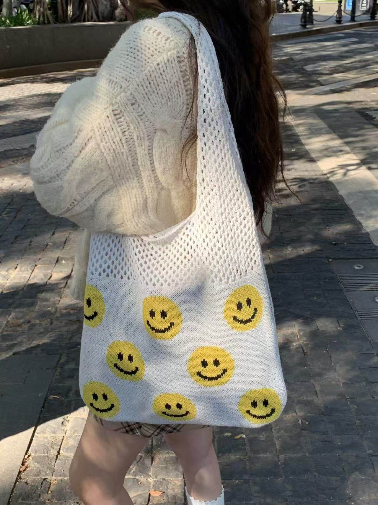 Smiley Face Crochet Bag – Colorful Handmade Shoulder Tote with 30cm Strap | Large Capacity Cotton Rope Bag 40cm Width One-Sake.com white khaki white off khaki-white off-white-