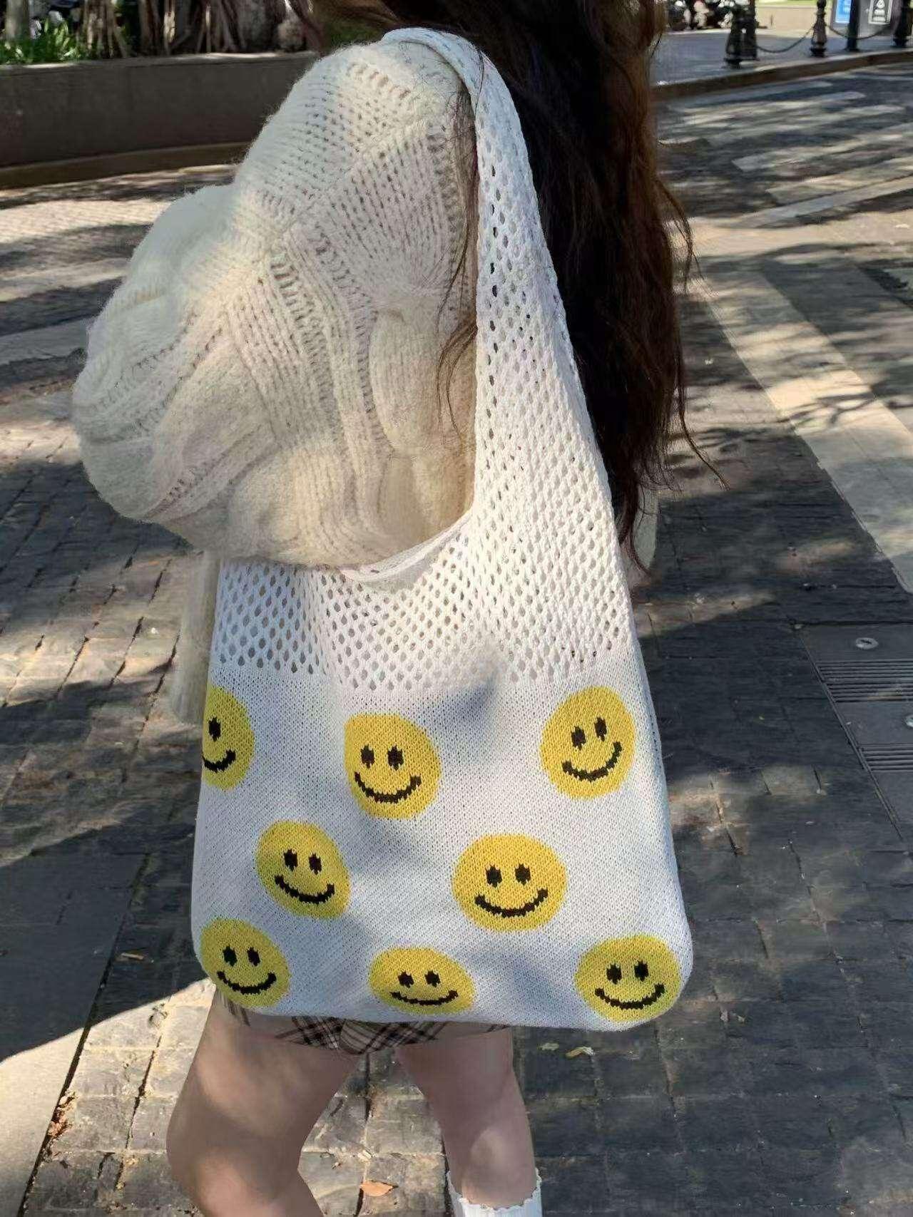Smiley Face Crochet Bag – Colorful Handmade Cotton Rope Tote with 30cm Strap | Large Capacity 40cm Shoulder Bag