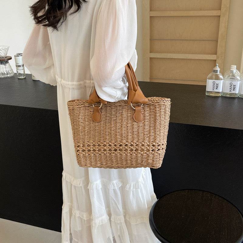 Premium Handwoven Tote Bag for Women – 20x29cm with Genuine Leather Handles | High-End Crafted Design for Styling &amp; Photoshoots One-Sake.com khaki whit off khaki-whit off-