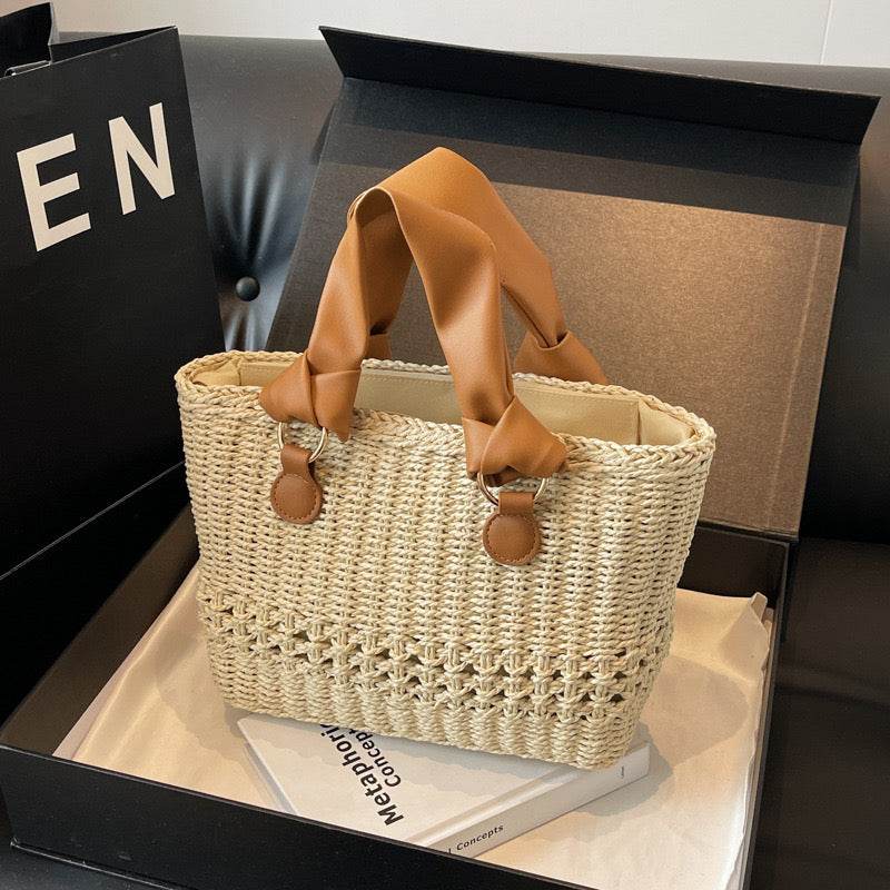 Premium Handwoven Tote Bag for Women – 20x29cm with Genuine Leather Handles | High-End Crafted Design for Styling &amp; Photoshoots One-Sake.com khaki whit off khaki-whit off-
