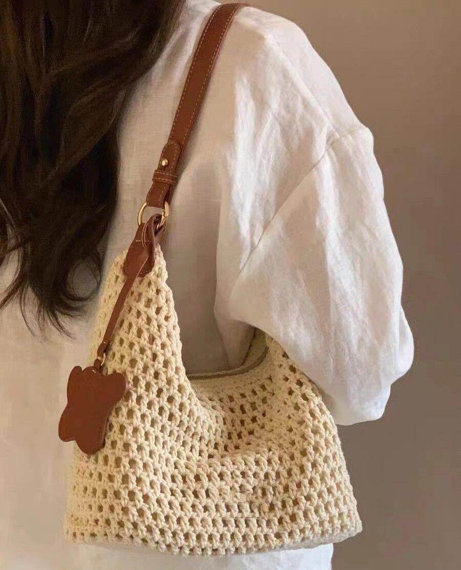 New Korean Crochet Cotton Rope Bag for Women – Handmade with Tassel Charm | Compact Crossbody Bag in 18x26cm Size One-Sake.com white off khaki white off-khaki-