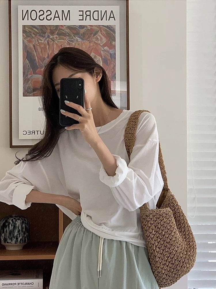 New Korean Style Handwoven Shoulder Bag – Compact Cotton Rope Tote with 35cm Strap | 28cm Width Woven Basket Bag for Daily Wear One-Sake.com สีกากี สีขาวนวล สีกากี-สีขาวนวล-