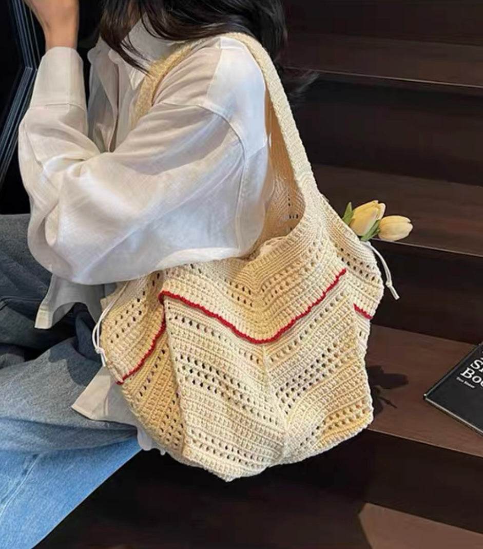 New Korean Style Crochet Shoulder Bag – Large Handmade Cotton Rope Tote | 33cm x 28cm with 58cm Strap One-Sake.com black green red green-red-black-