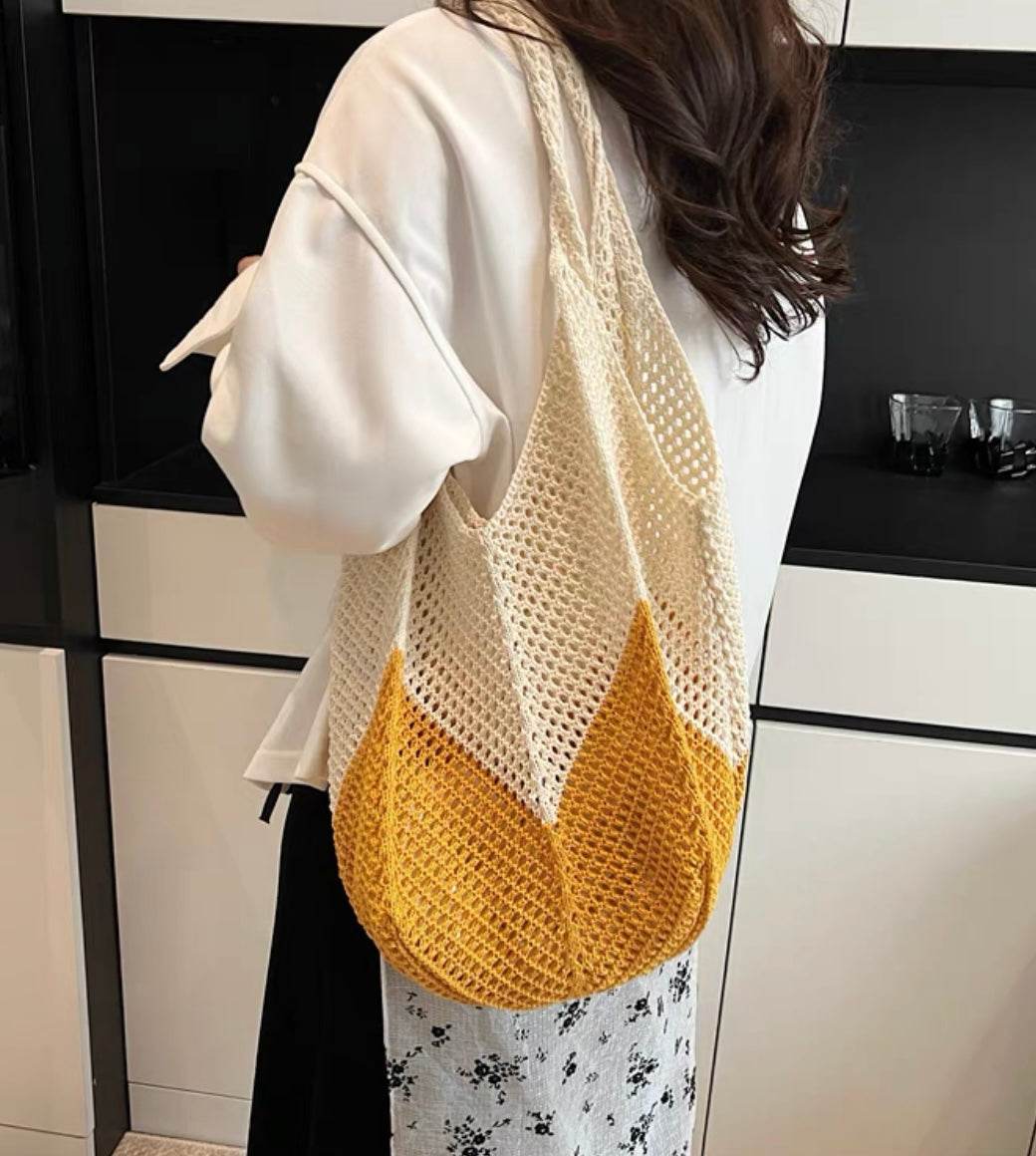 New Korean Style Handwoven Tote Bag – Large Cotton Shoulder Bag with 25cm Strap | Handmade Crafted Design for Women One-Sake.com yellow white off khaki white off-khaki-yellow-