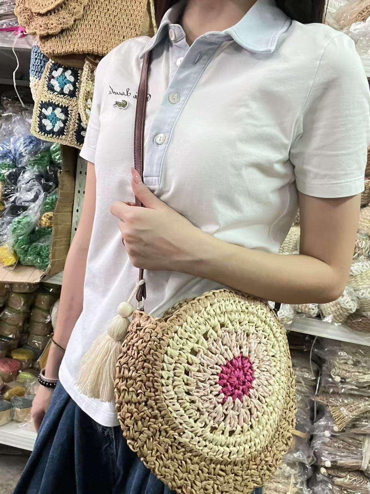 Retro Handwoven Bag with Cute Tassel & Leather Strap | Small Cotton Rope Crossbody with Adjustable Strap