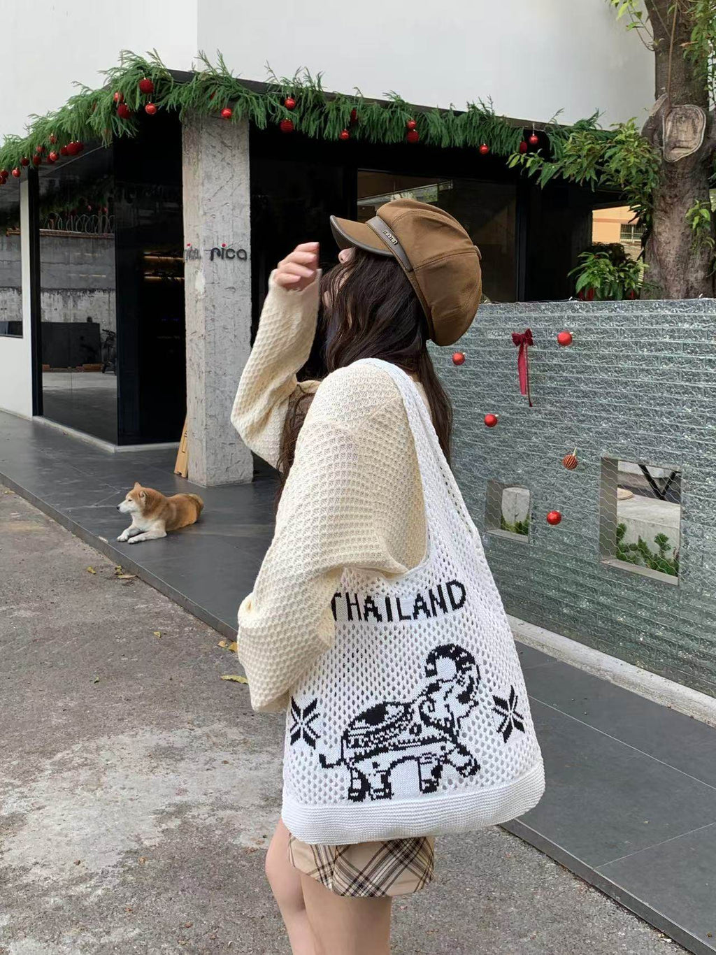 Elephant Pattern Woven Shoulder Bag – Handmade Cotton Rope Tote for Women | 38cm x 40cm with 30cm Strap One-Sake.com khaki white white off white-white off-khaki-