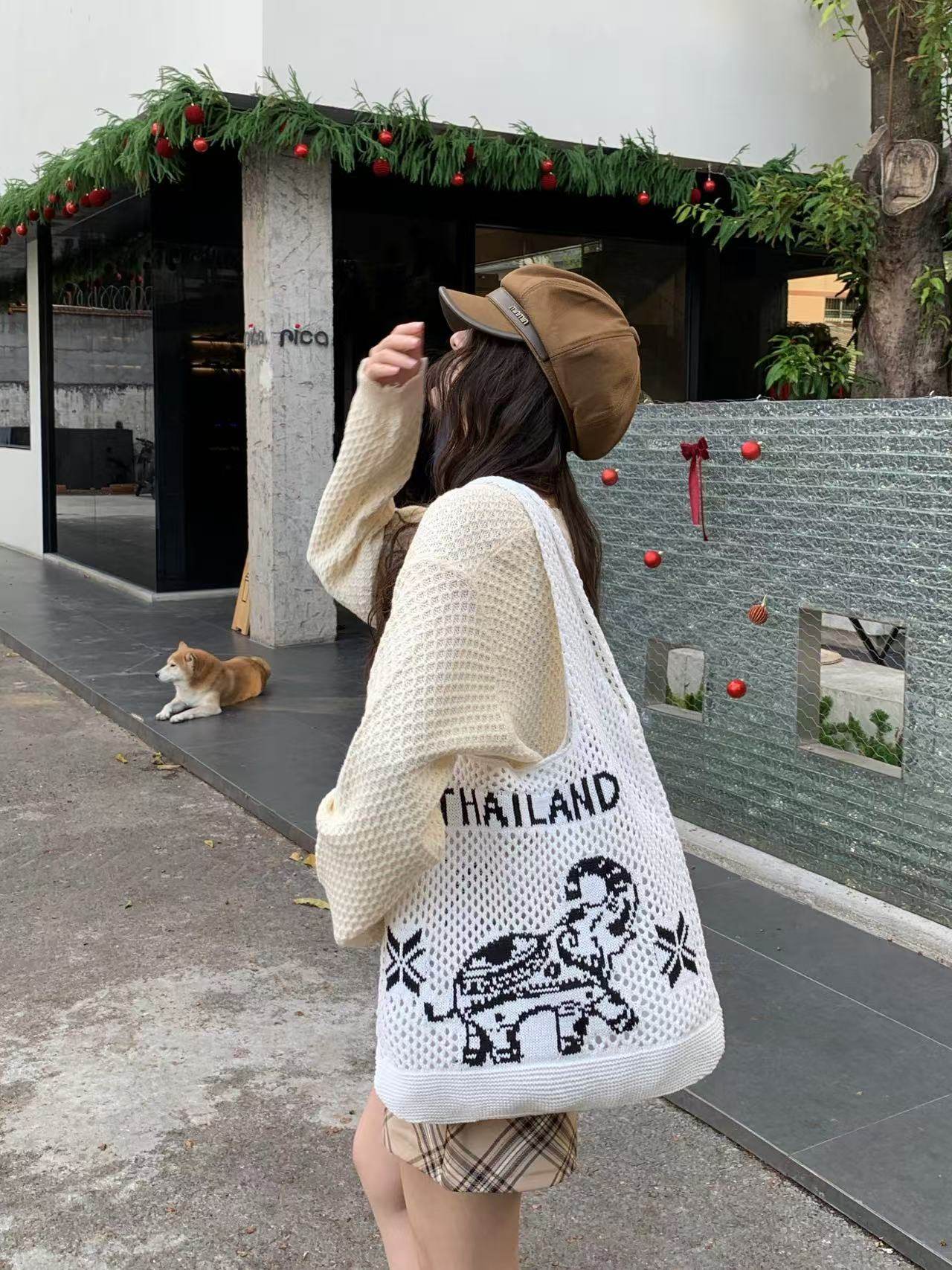 Elephant Pattern Woven Shoulder Bag – Handmade Cotton Rope Tote for Women | 38cm x 40cm with 30cm Strap One-Sake.com khaki white white off white-white off-khaki-