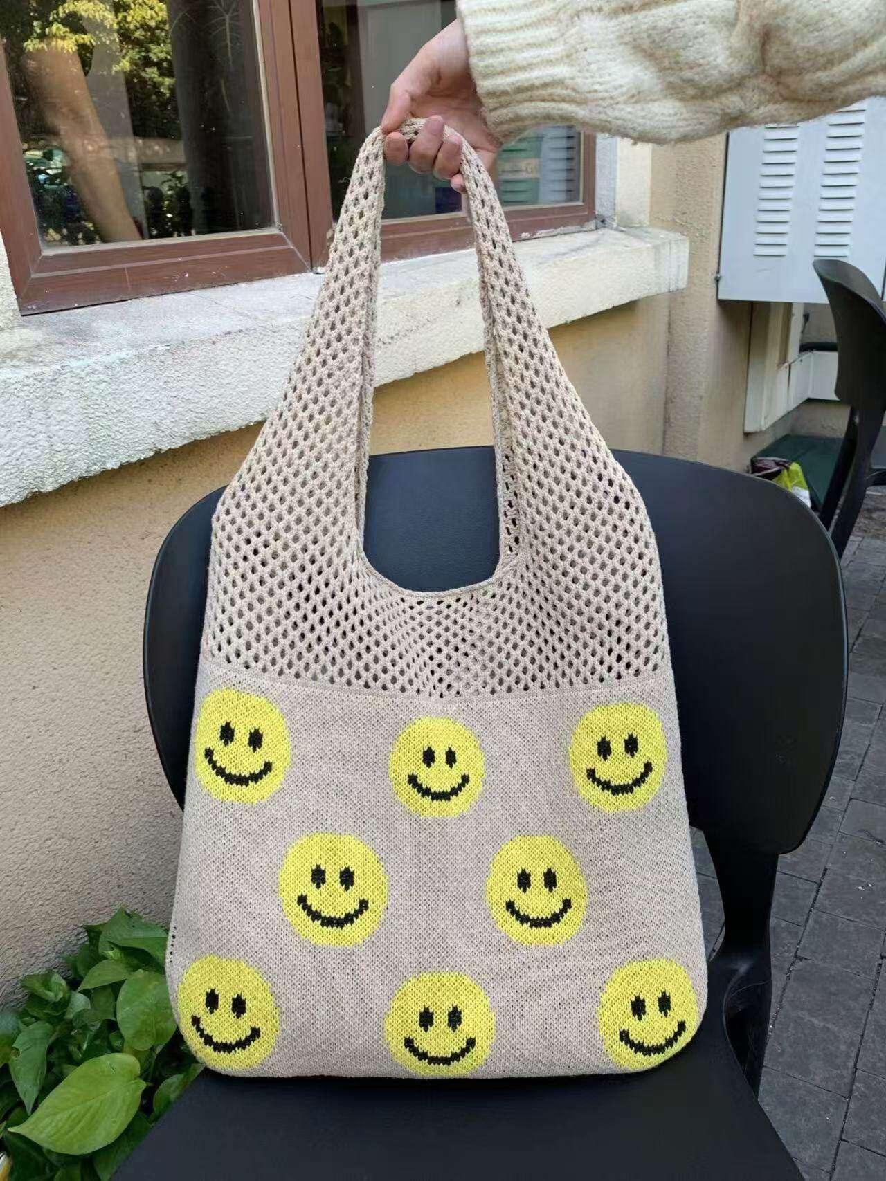 Smiley Face Crochet Bag – Colorful Handmade Cotton Rope Tote with 30cm Strap | Large Capacity 40cm Shoulder Bag