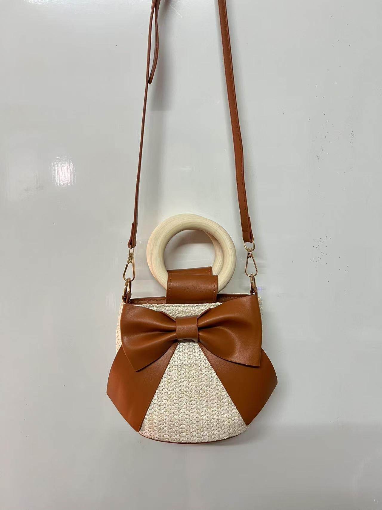 Wooden Handle Bow Shape Handwoven Bag – Perfect for Check-Ins &amp; Photos | Cotton Rope Crossbody Bag with Adjustable Strap One-Sake.com green khaki white khaki-white-green-pink-